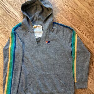 Aviator Nation Men's 4 Stripe Split Neck Hoodie in Gray XL BEACH SURF CASUAL